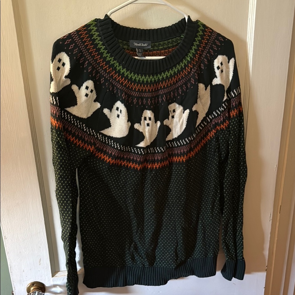 Modcloth Green and White Crew Neck Sweater
